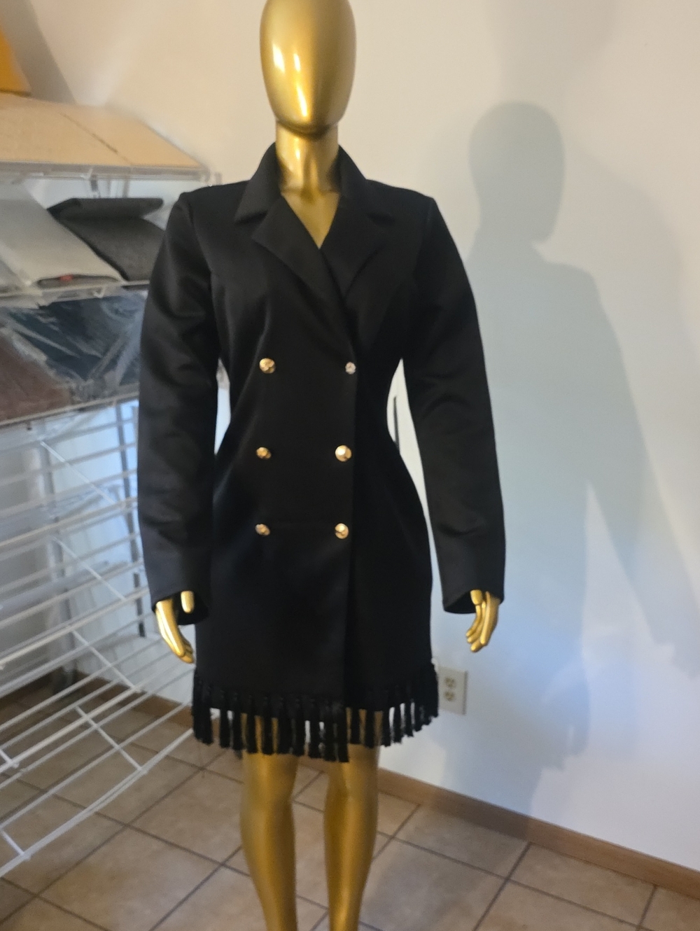 VENUS Black Double-Breasted Blazer Coat with Fringe Hem